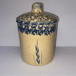 Vintage Robinson Ransbottom Pottery Blue Sponge ware Crock With Lid